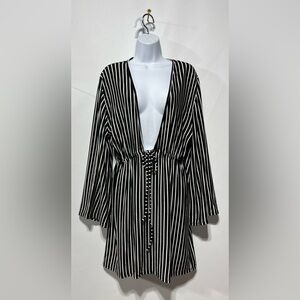 YANA K‎ Eve Tunic Black-White Stripe French Terry Fleece Dress Size Large NWT
